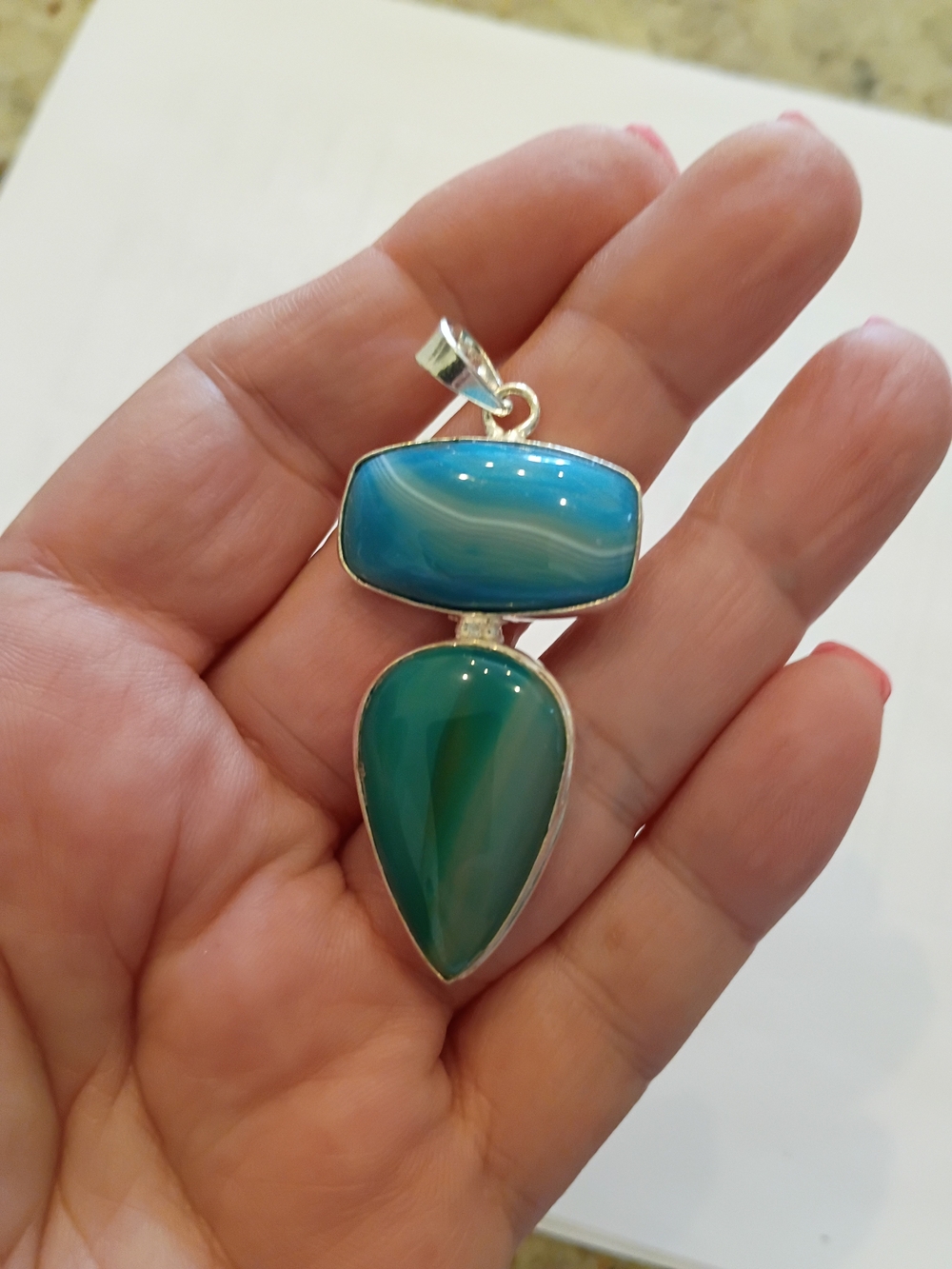 Silver Teal & Aqua Double Stone Pendant Beautiful Colors! - Picture 3 of 4